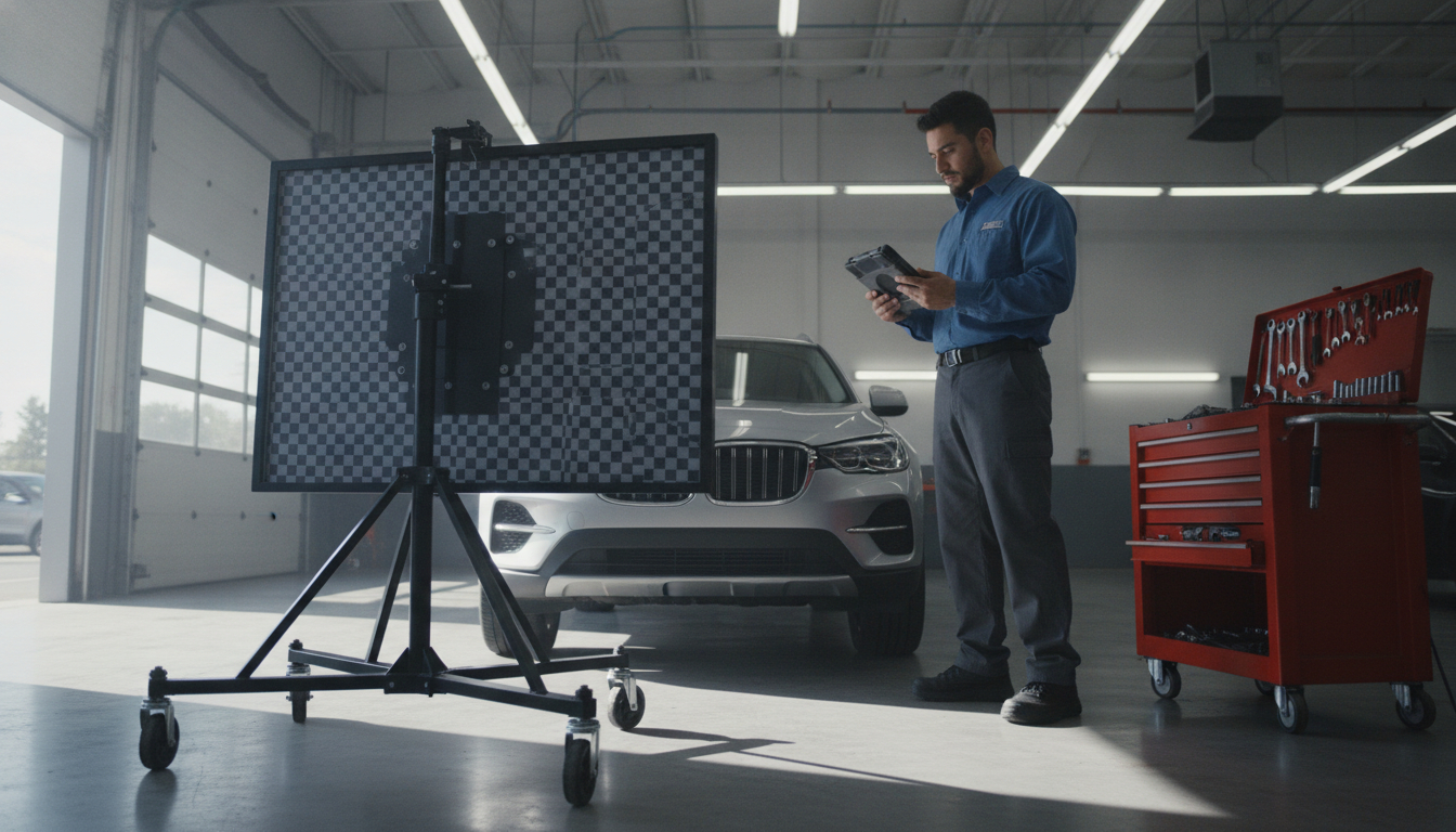 A forward camera behind the windshield must be recalibrated to a target after replacement, or lane-keeping and automatic braking can misjudge distance.