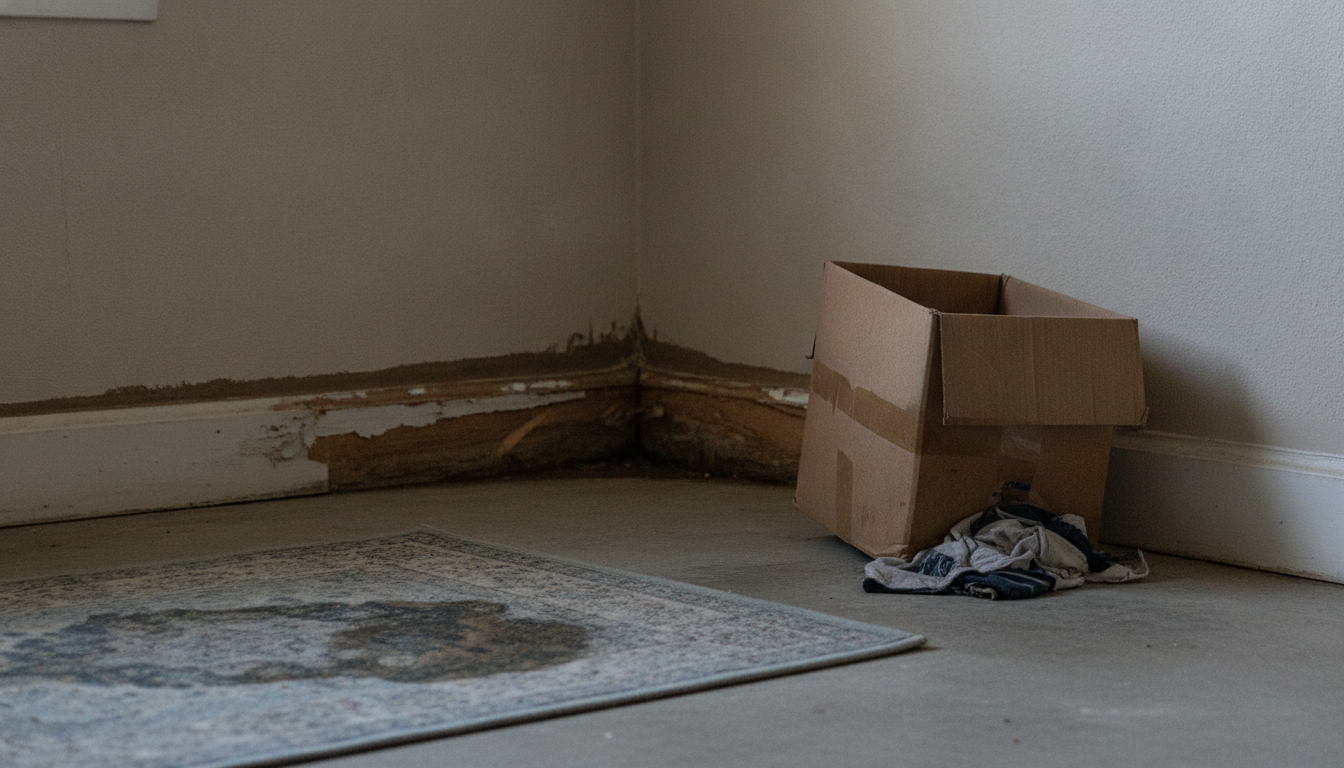 A visible waterline from rising outside water is the signature of a flood loss, the one cause a standard renters policy will not pay to fix.