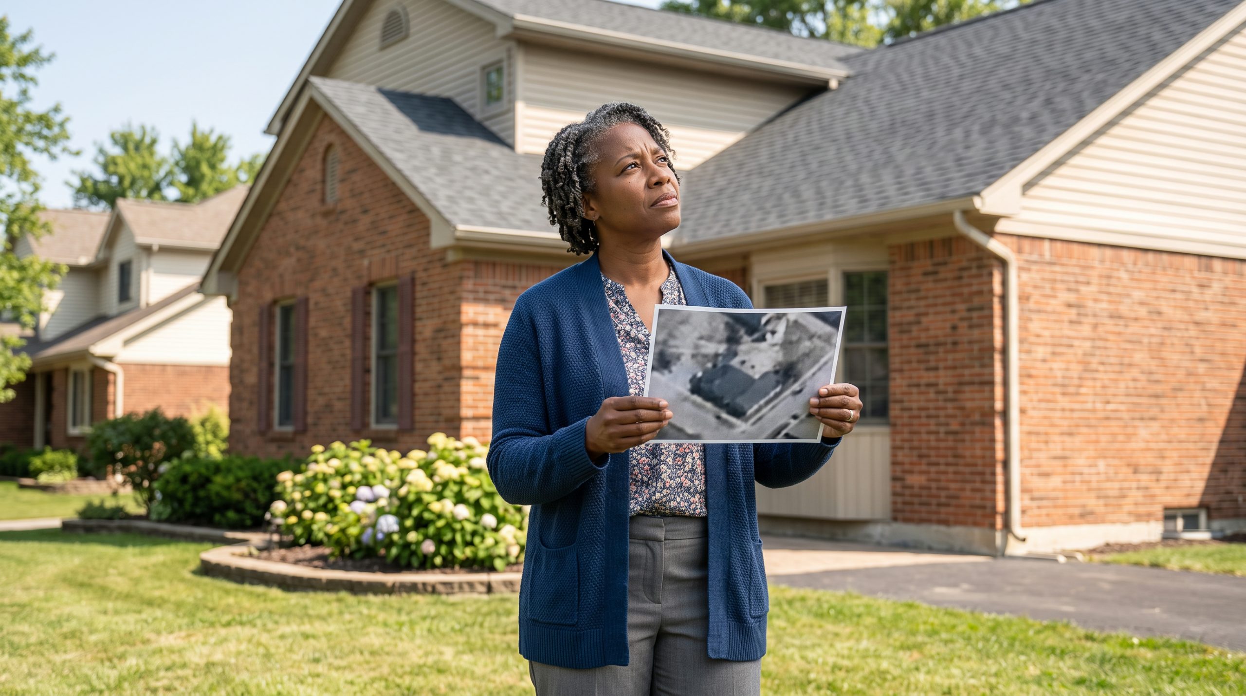 A homeowner checks a carrier's aerial roof photo against her own roof, which was replaced months after the image was captured.