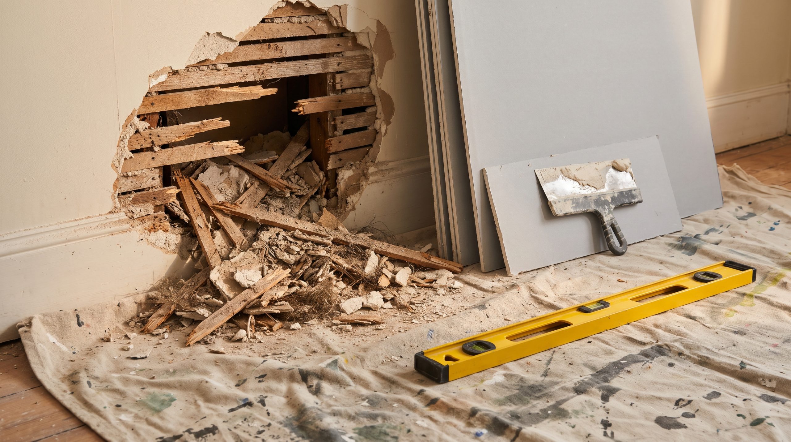 Original lath-and-plaster debris next to the drywall sheets that will replace it under a functional replacement cost settlement.